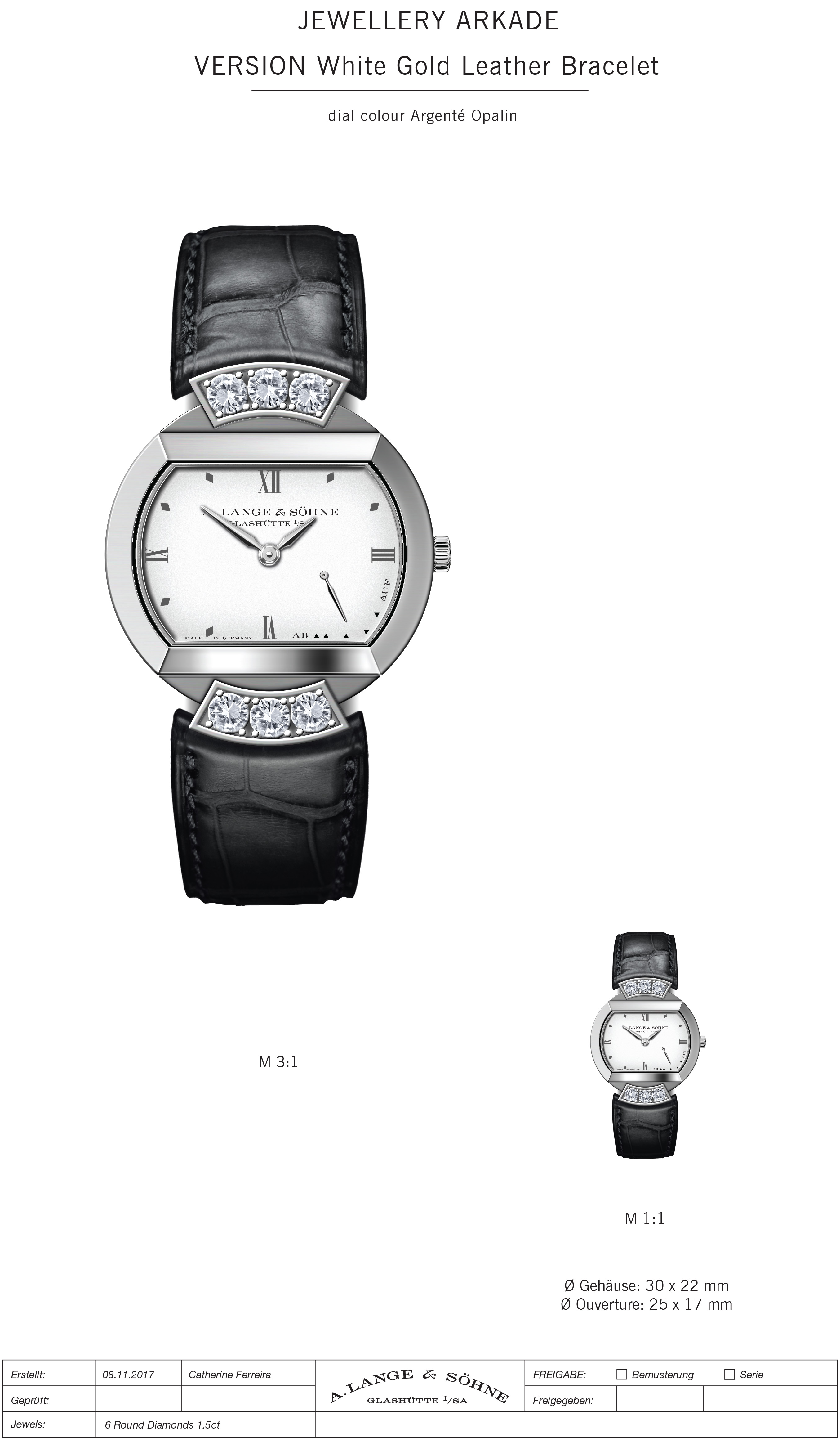 Ladies white gold watch with black crocodile leather strap and 3 diamond lugs