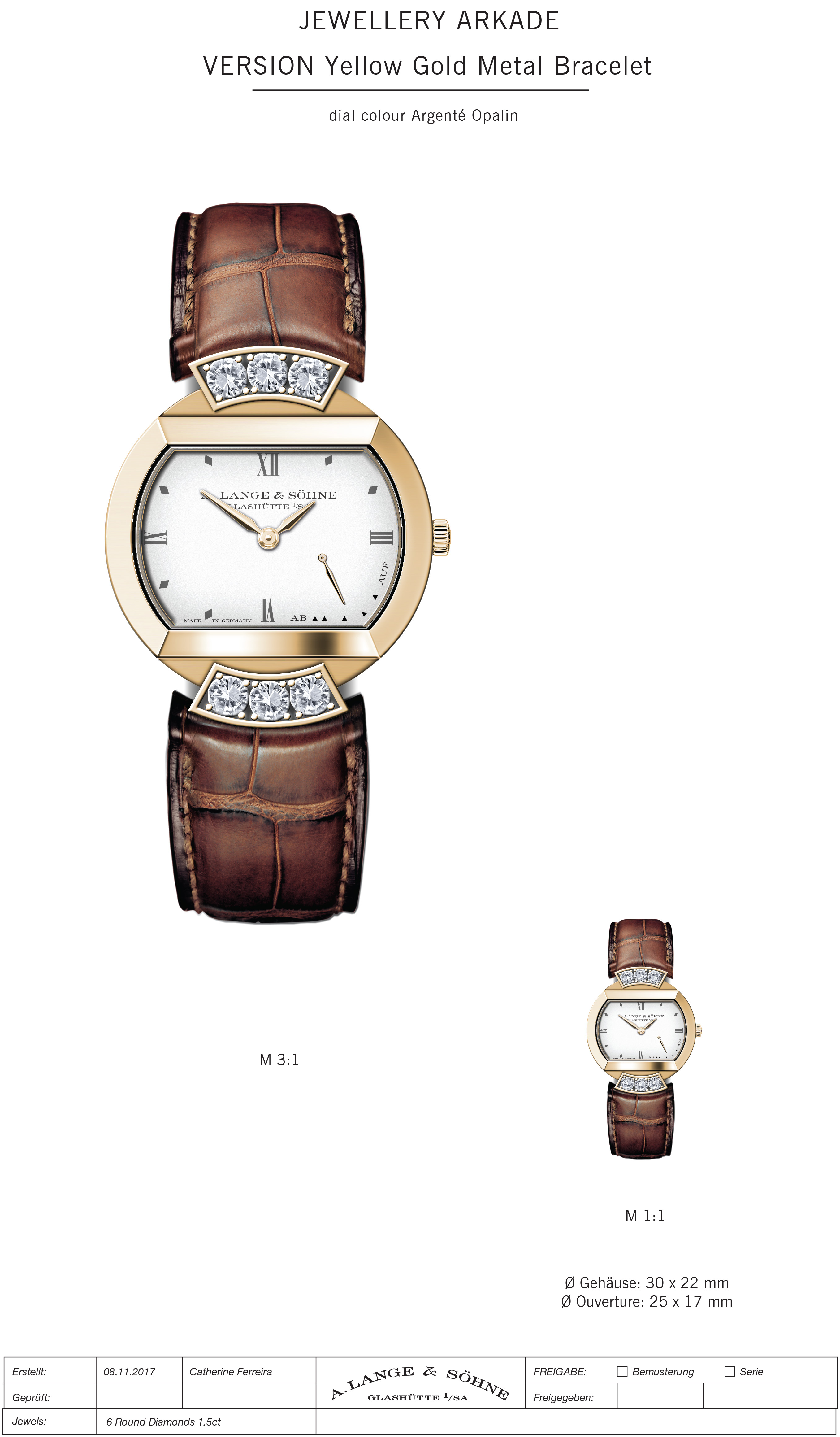 Ladies yellow gold watch with brown crocodile leather strap and 3 diamond lugs