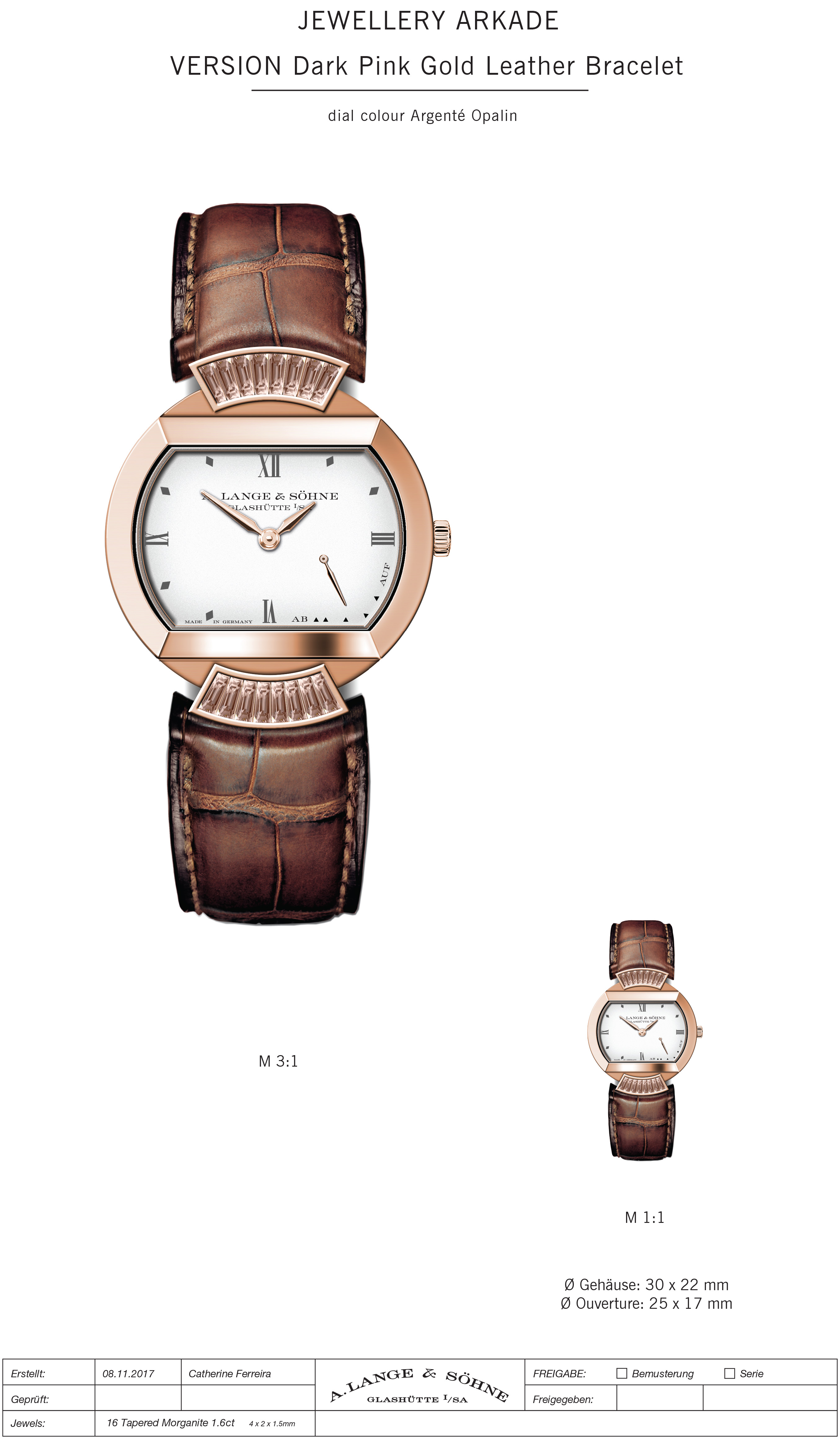 Ladies rose gold watch with brown crocodile leather strap and morganite baguette lugs