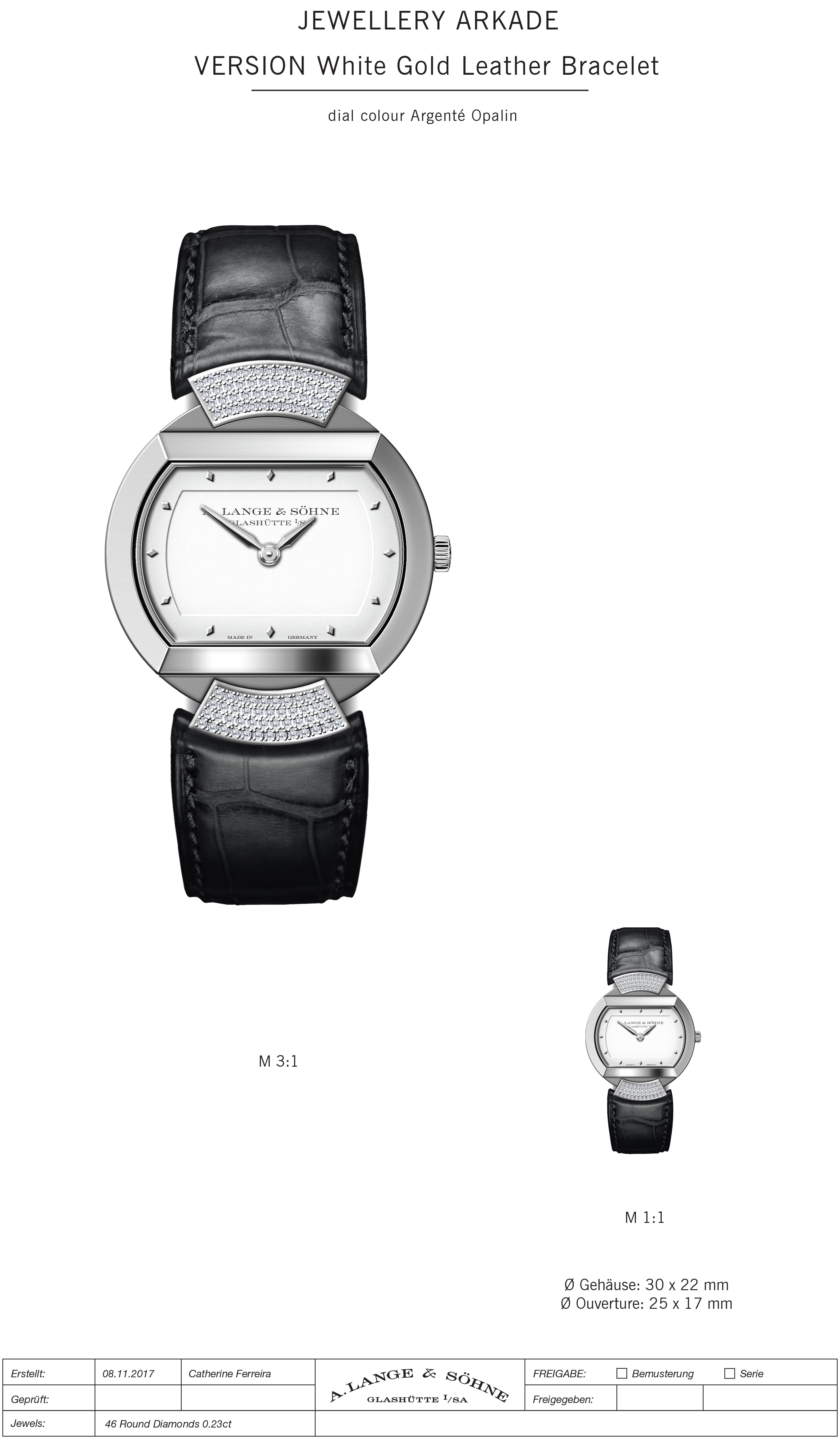 Ladies white gold watch with black crocodile leather strap and diamond pavé lugs