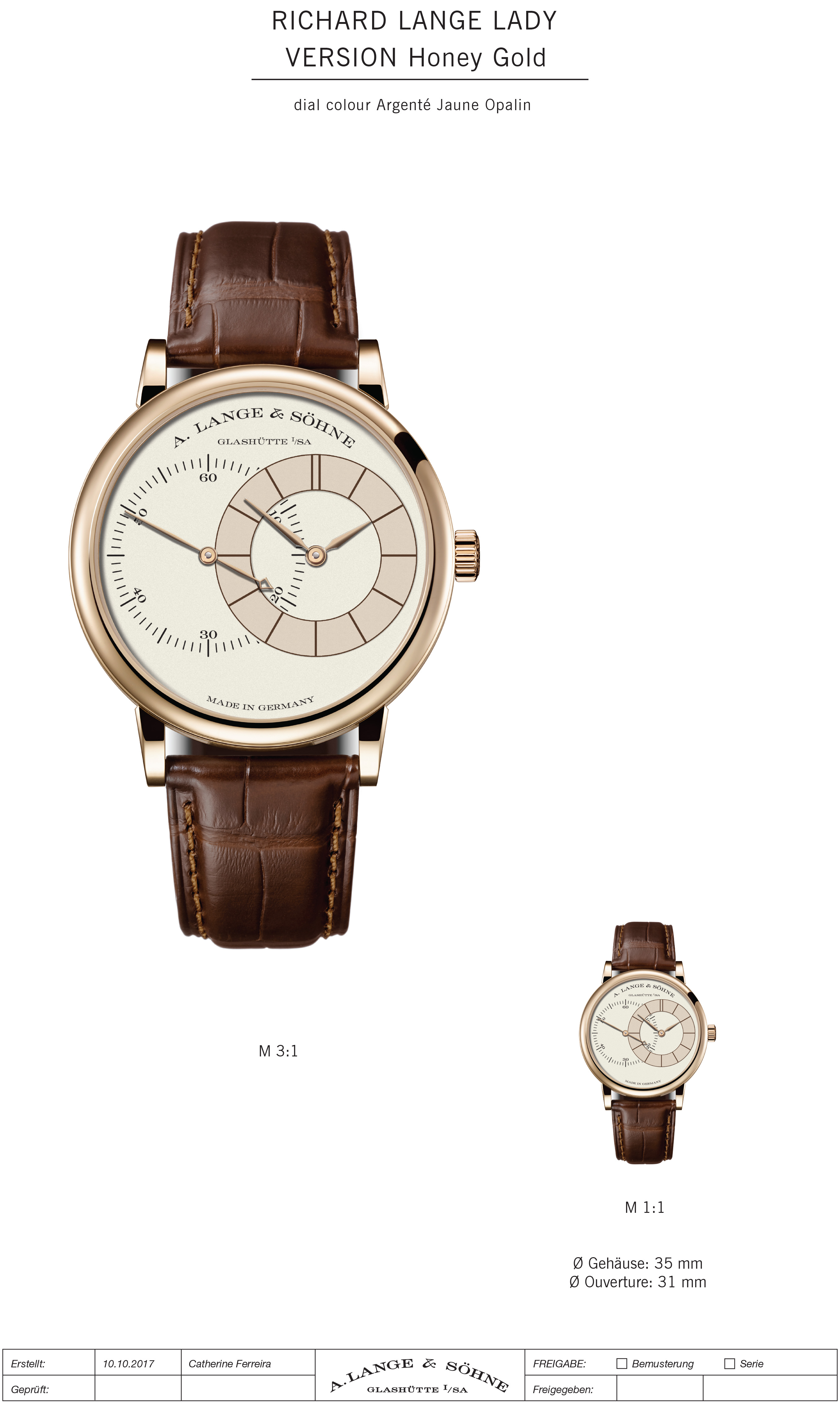 Ladies honey gold watch with brown crocodile leather strap