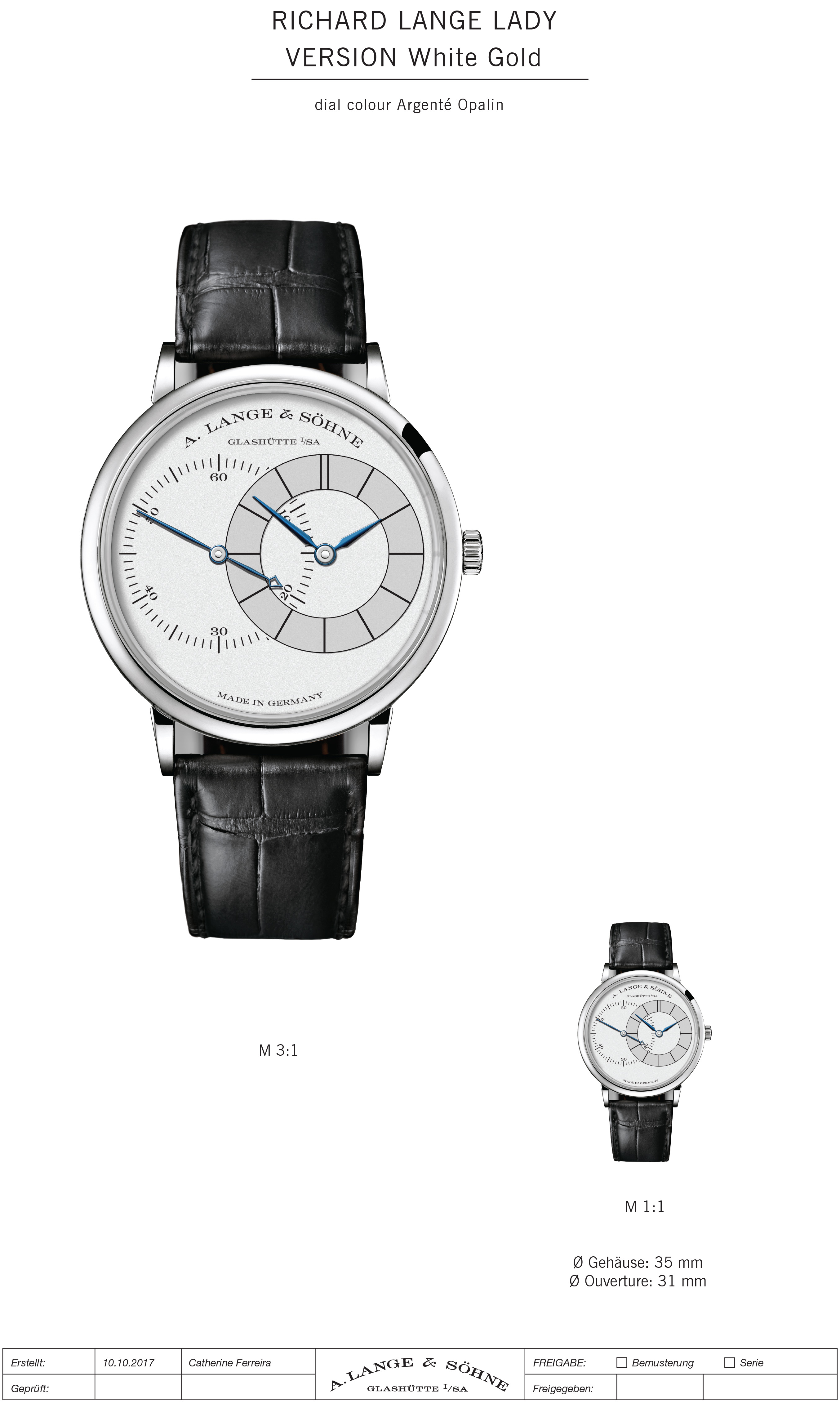 Ladies white gold watch with black crocodile leather strap