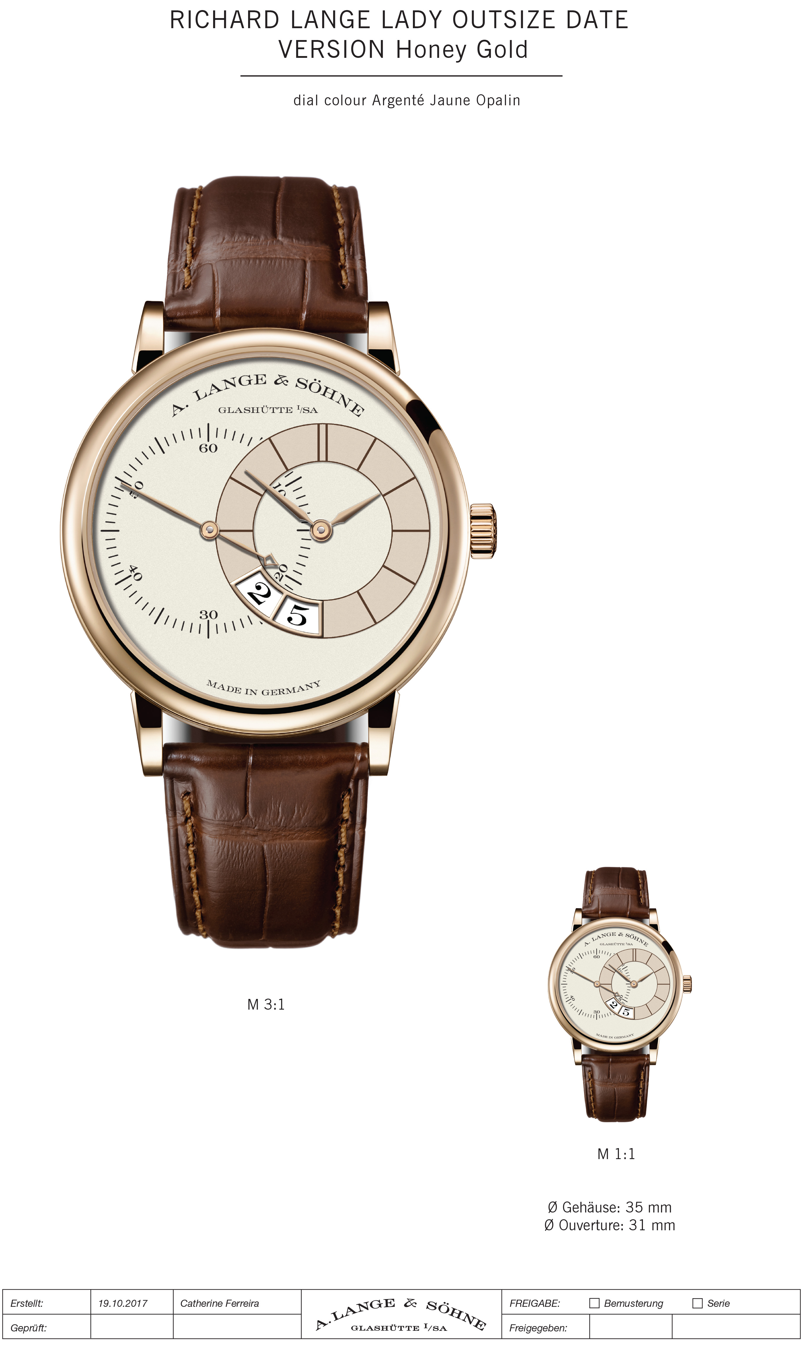 Ladies honey gold watch with brown crocodile leather strap and outsize date