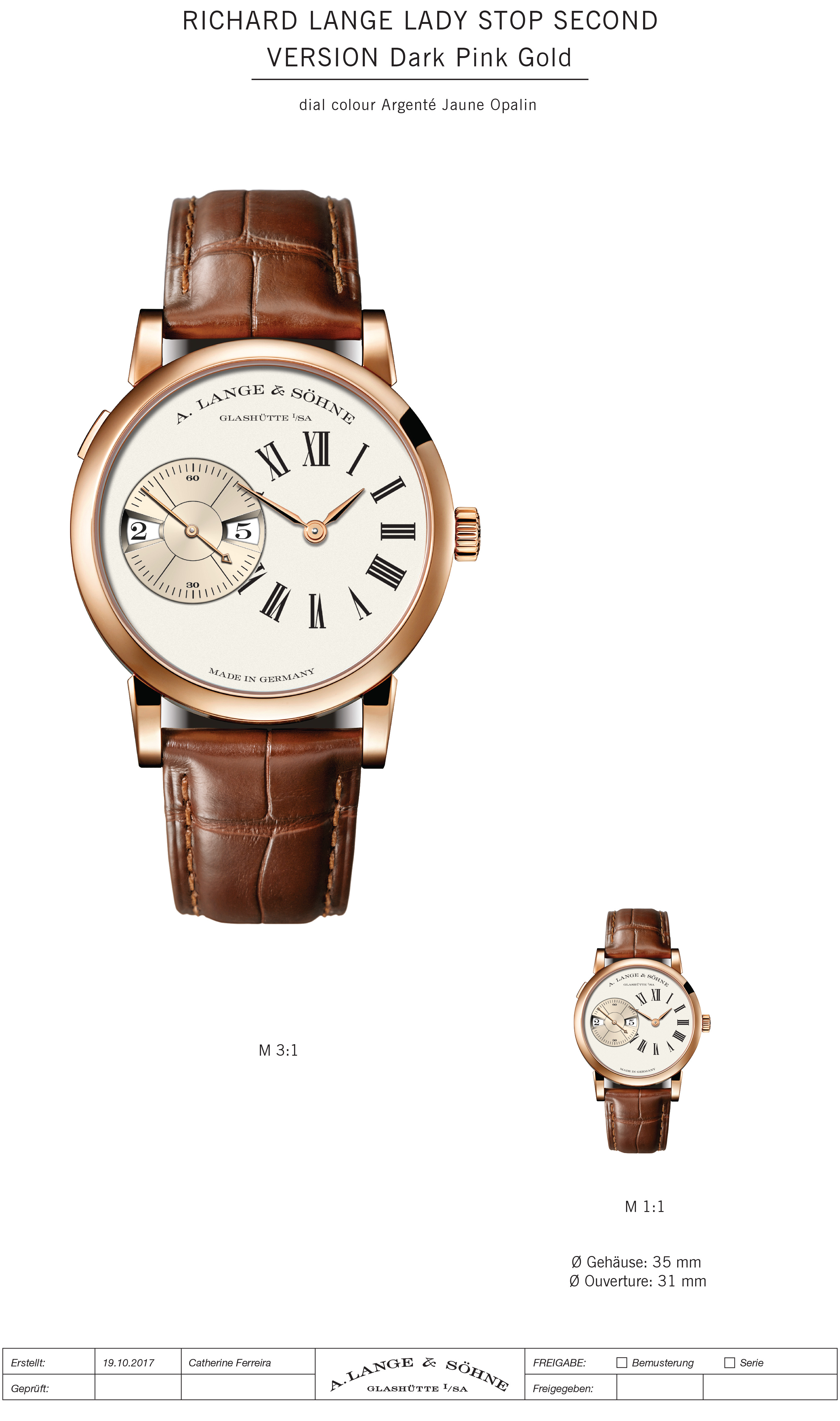 Ladies rose gold watch with brown crocodile leather strap and outsize date