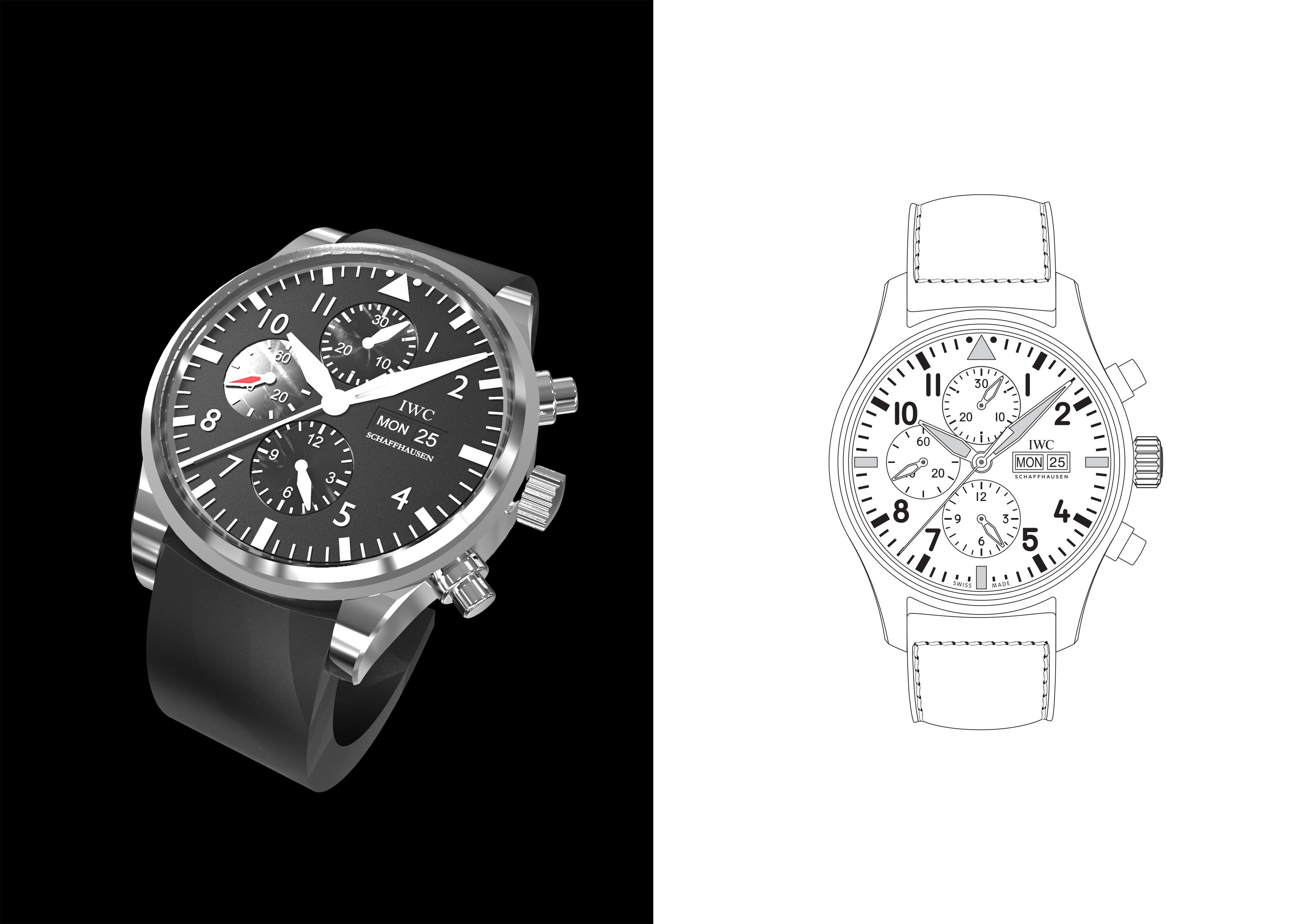 IWC Schaffhausen Pilot chronograph watch rendering