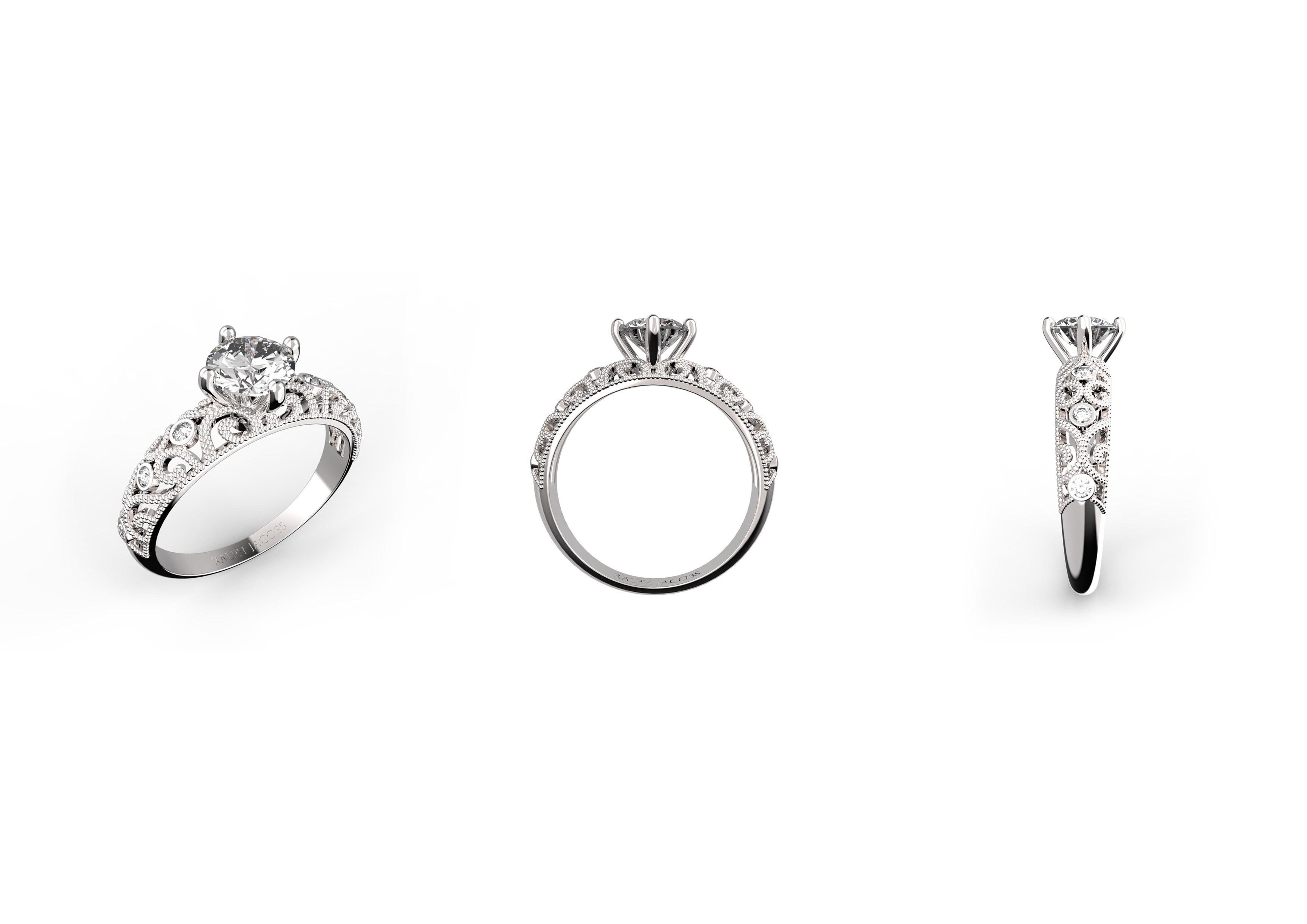White gold filigree diamond ring rendering