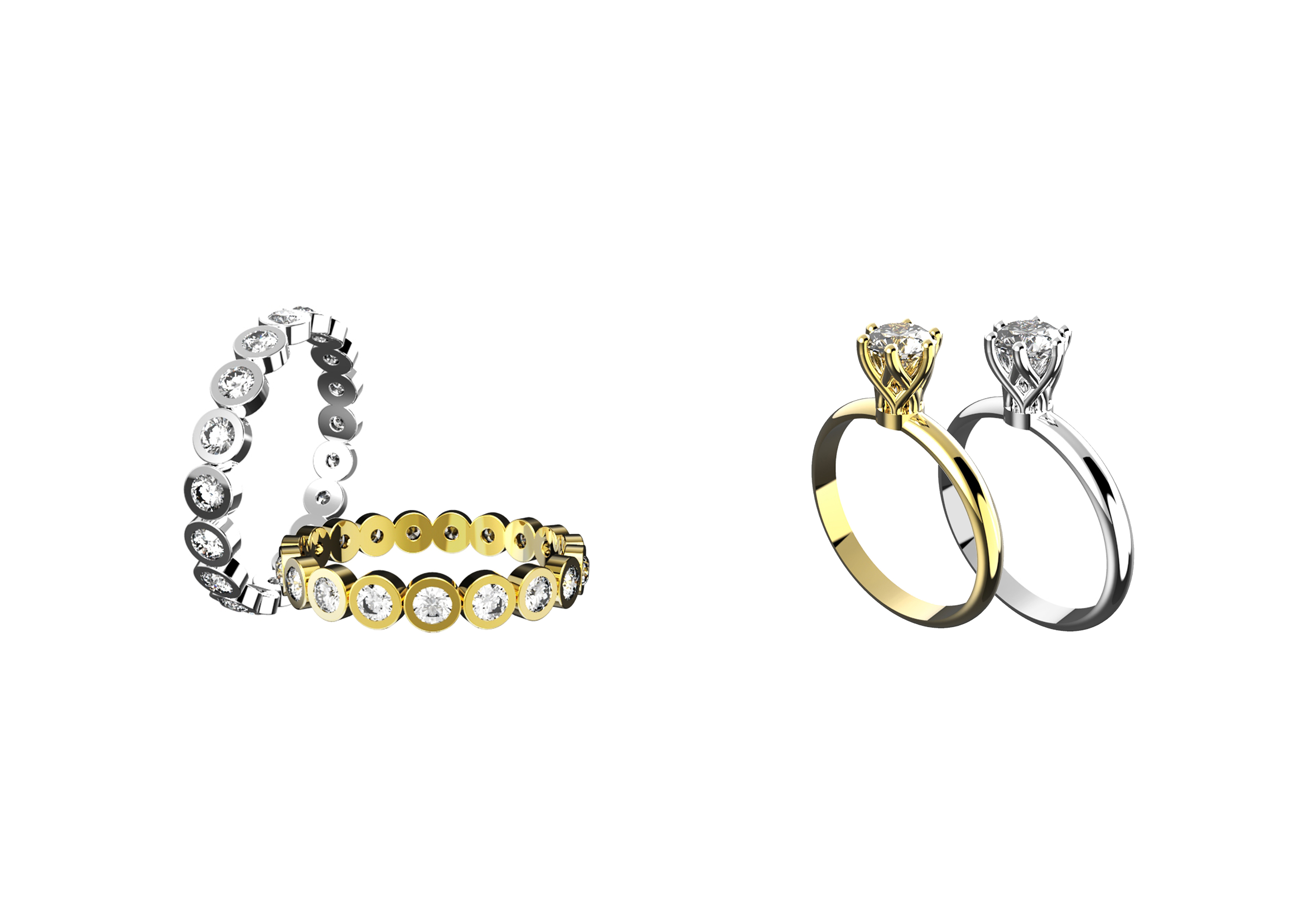 Yellow and white gold diamond eternity and solitaire ring rendering