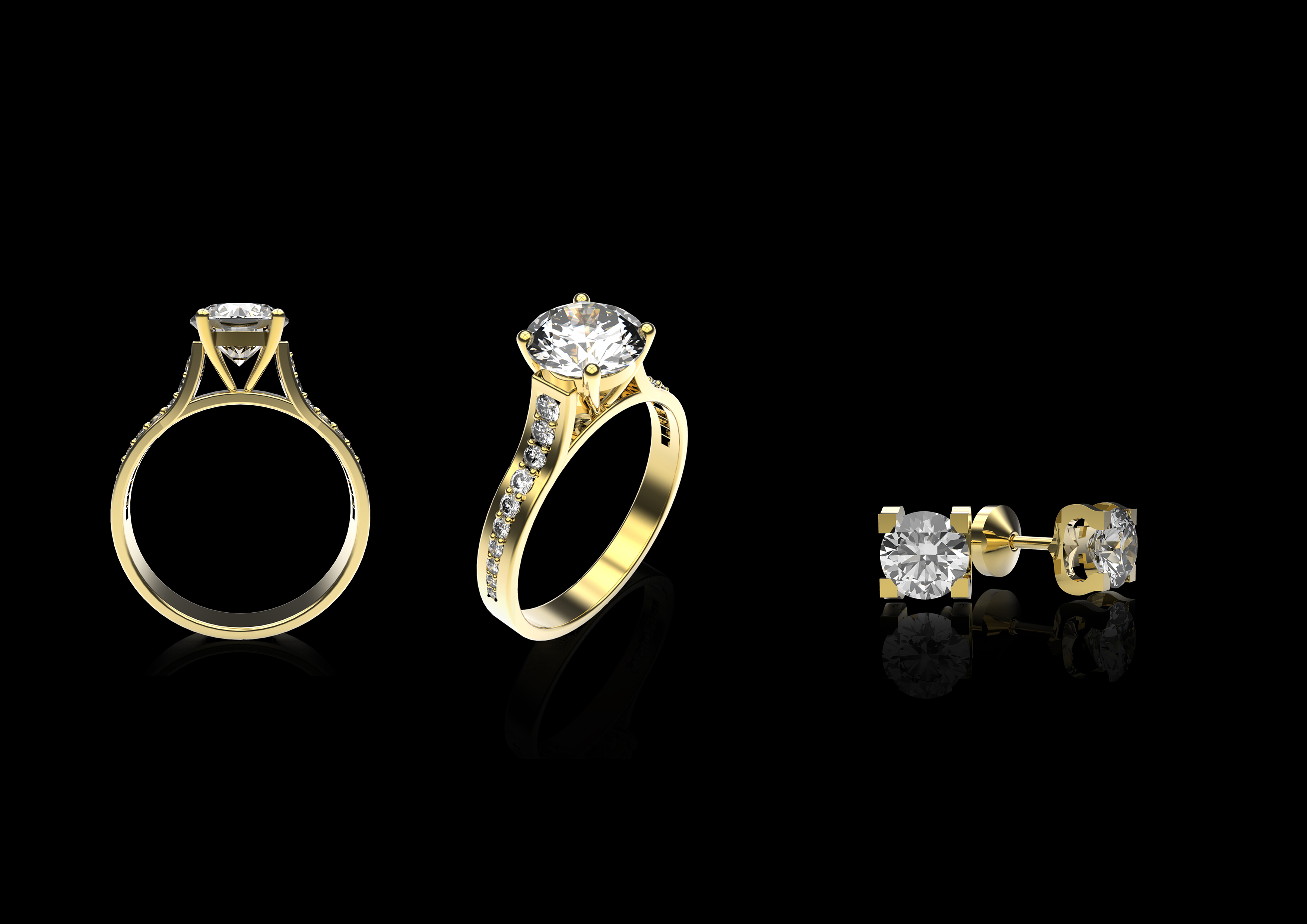 Cartier yellow gold diamond solitaire ring and diamond studs rendering