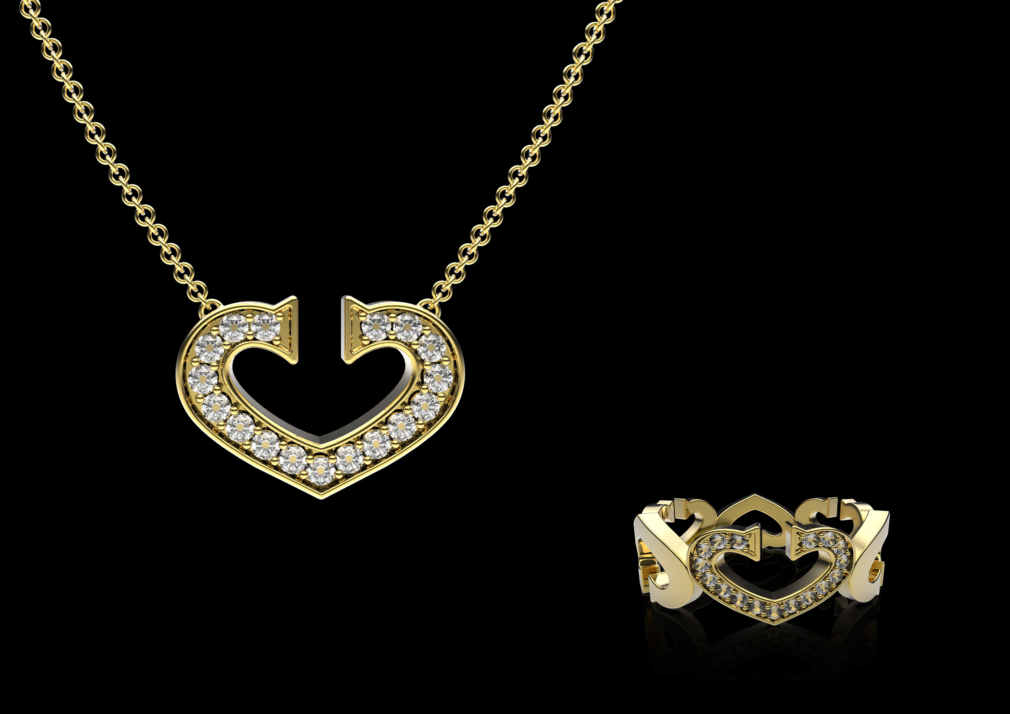 Cartier yellow gold and diamond heart necklace and ring rendering