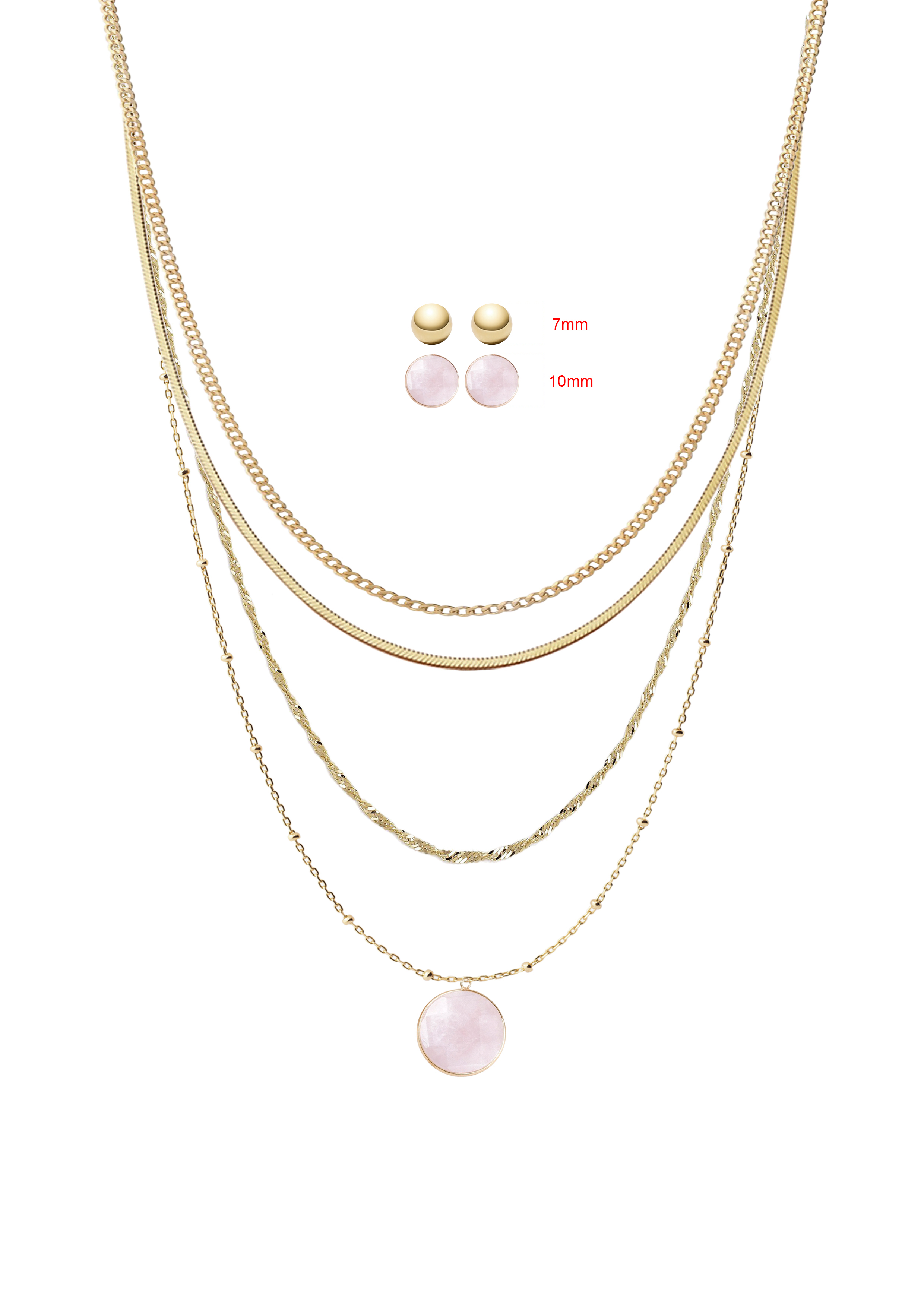 Multiple gold chain necklace and two pairs of studs