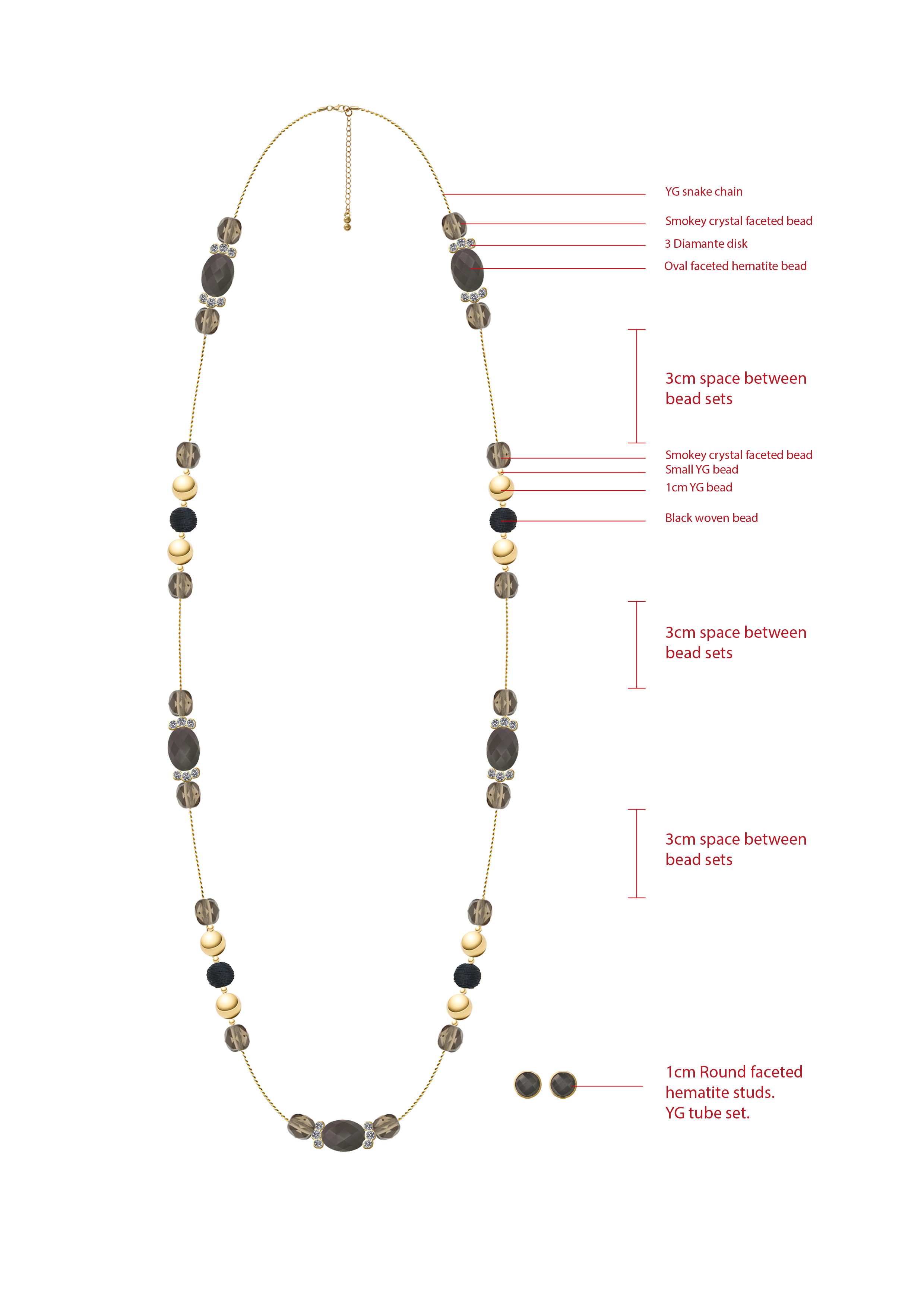 Long beaded necklace and stud earrings