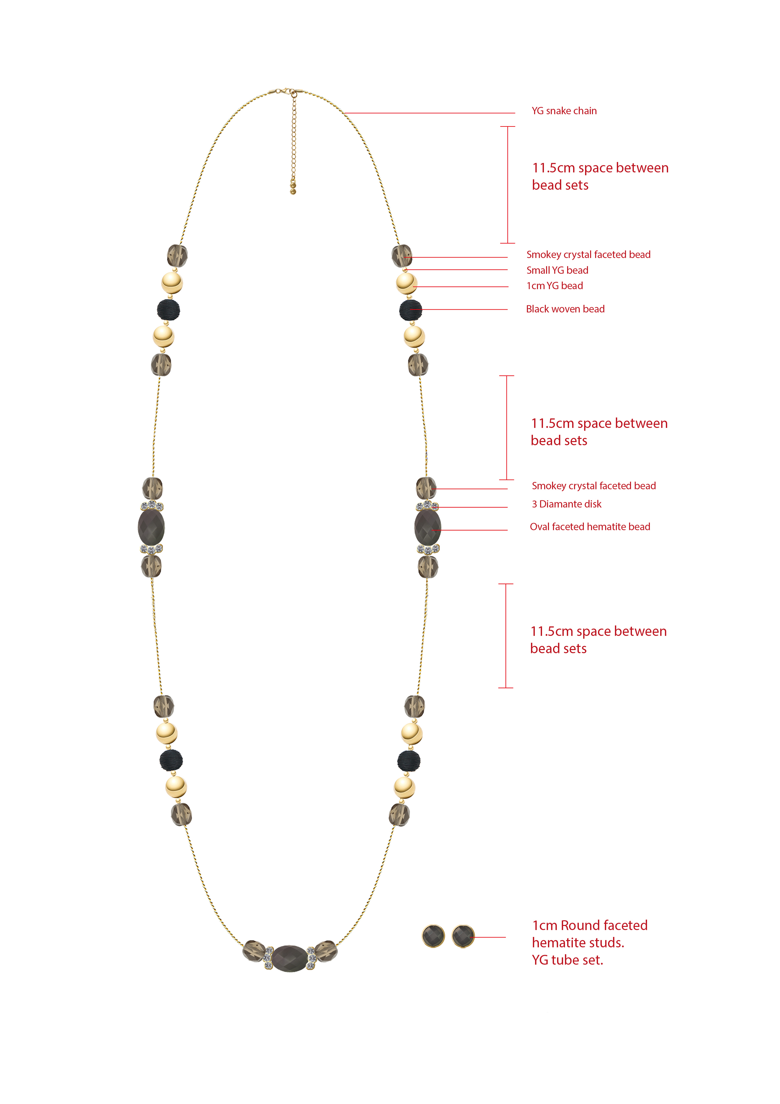 Long beaded necklace and stud earrings