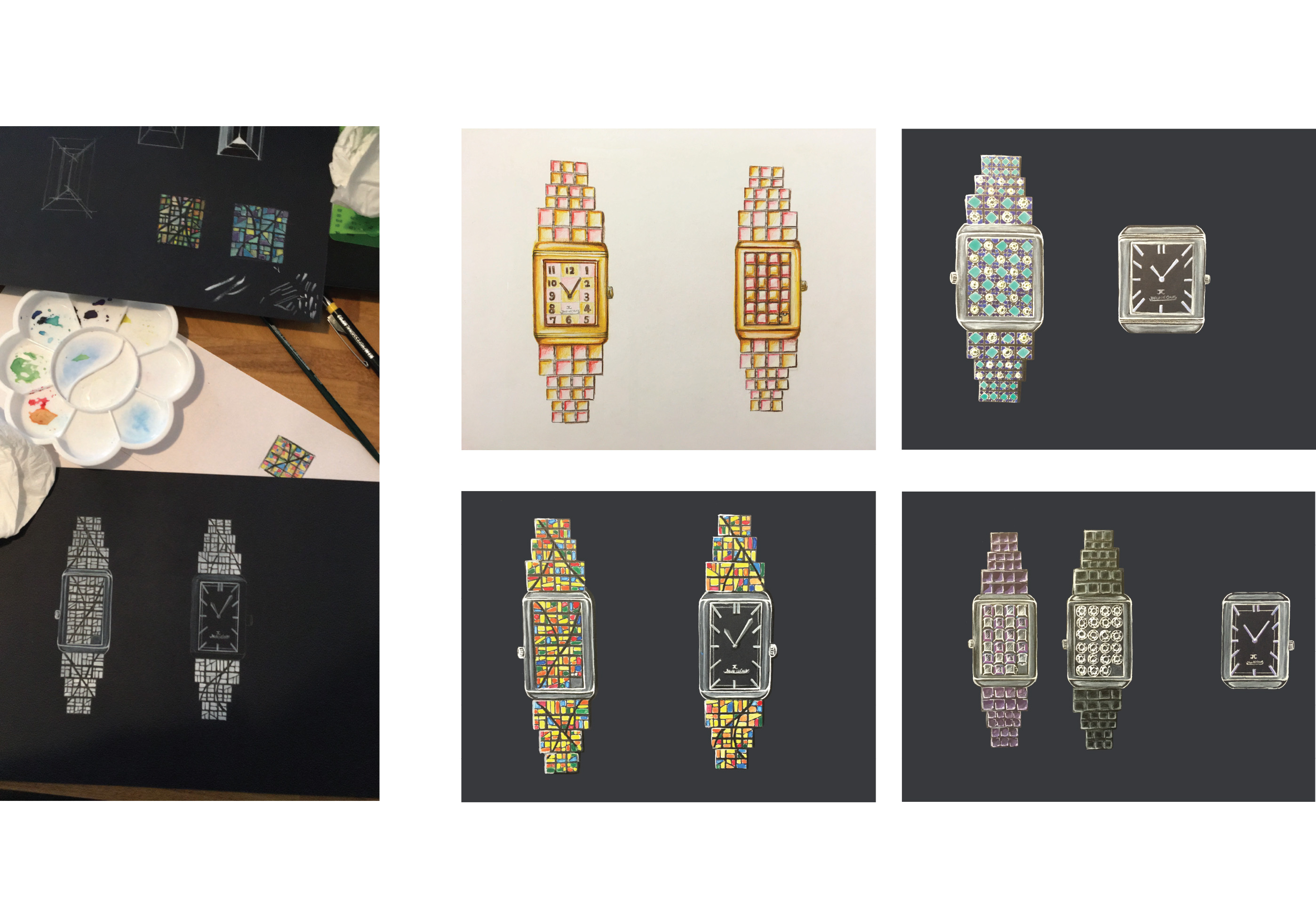 Three images of manual watch renderings