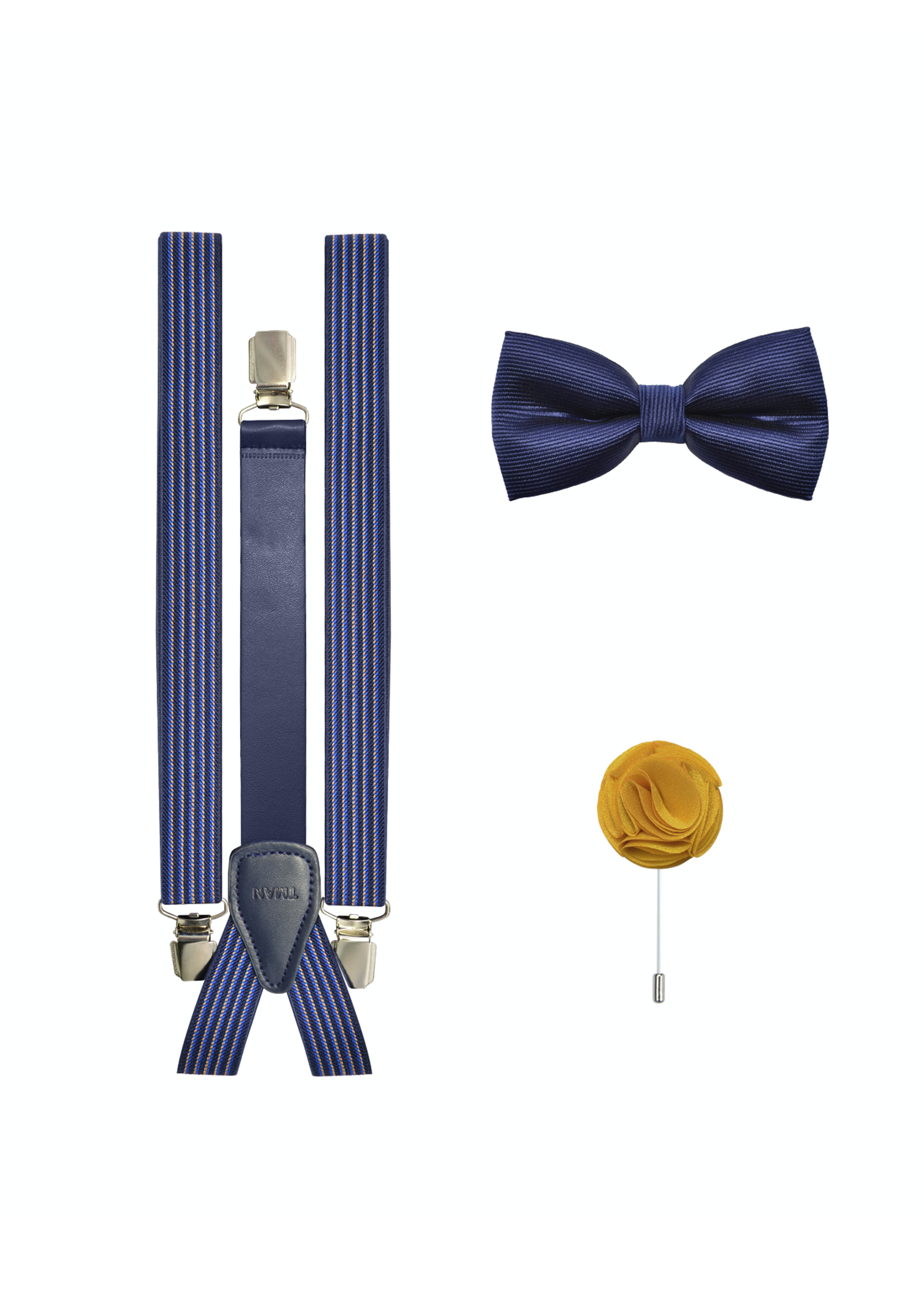 Blue suspenders, bow tie and lapel pin