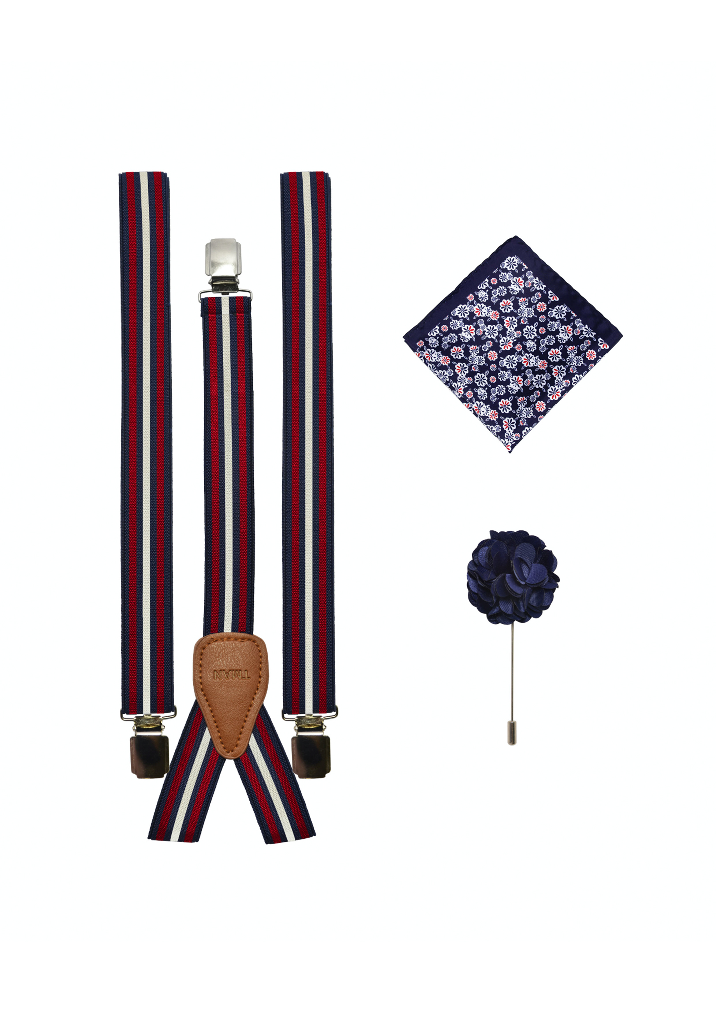 Red and navy suspenders, pocket square and lapel pin