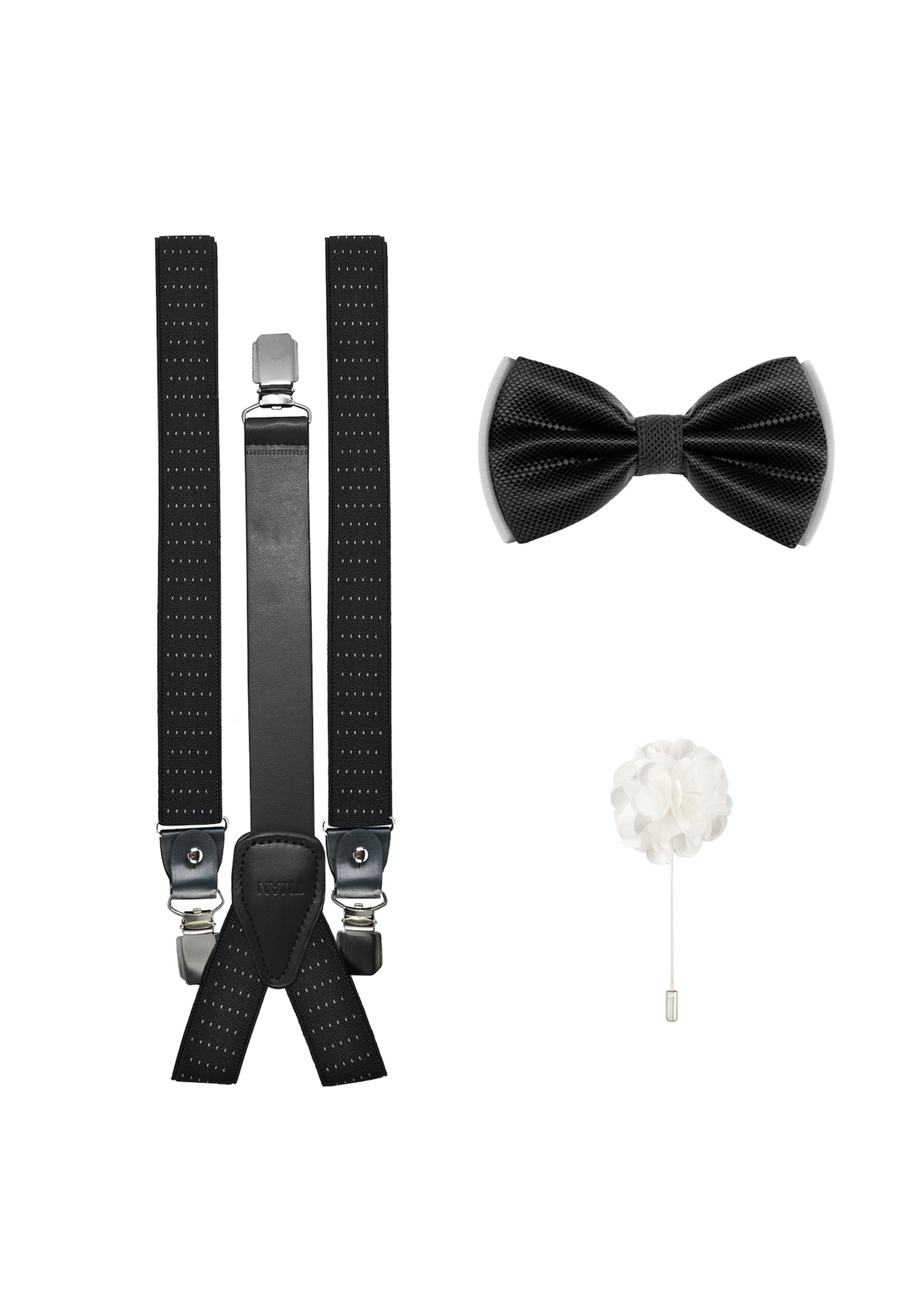 Black and white suspenders, bow tie and lapel pin